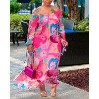 Plus Size Floral Print Off Shoulder Dress - hot pink