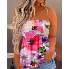 Plus Size Floral Print Shirred Bandeau Tank Top - Multicolor