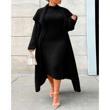 Plus Size Fluffy Midi Dress With Longline Coat - black