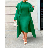 Plus Size Fluffy Midi Dress With Longline Coat - green