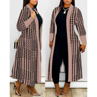 Plus Size Geometric Houndstooth Print Longline Coat - brown