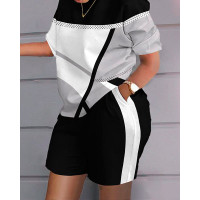 Plus Size Geometric Print Casual Top & Shorts Set - blackwhite