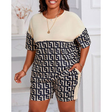 Plus Size Geometric Print Casual Top & Shorts Set - khaki