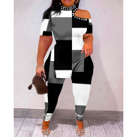 Plus Size Geometric Print Cold Shoulder Top & Pants Set - blackwhite