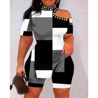 Plus Size Geometric Print Cold Shoulder Top & Shorts Set - blackwhite