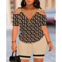 Plus Size Geometric Print Cold Shoulder Top & Shorts Set - khaki