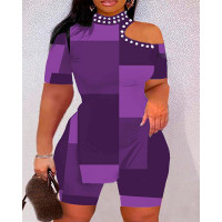 Plus Size Geometric Print Cold Shoulder Top & Shorts Set - purple