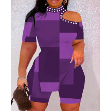 Plus Size Geometric Print Cold Shoulder Top & Shorts Set - purple