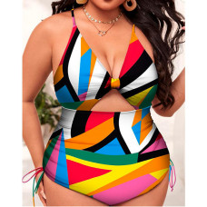 Plus Size Geometric Print Cutout Crisscross One-Piece Swimsuit - Multicolor