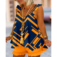 Plus Size Geometric Print Flutter Sleeve Flowy Tank Top & Raw Hem Shorts Set - blue