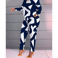 Plus Size Geometric Print Long Sleeve Top & Pants Set - blue