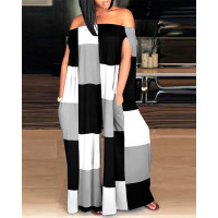 Plus Size Geometric Print Off Shoulder Wide Leg Jumpsuit - blackwhite