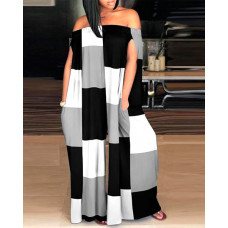 Plus Size Geometric Print Off Shoulder Wide Leg Jumpsuit - blackwhite