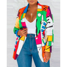 Plus Size Geometric Print Shawl Collar Long Sleeve Blazer - Multicolor