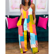 Plus Size Geometric Print Spaghetti Strap Jumpsuit - Multicolor