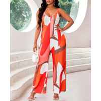 Plus Size Geometric Print Spaghetti Strap Jumpsuit - orange