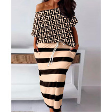 Plus Size Geometric Print Top & Striped Skirt Set - Apricot