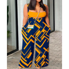 Plus Size Geometric Print Wide Leg Suspender Jumpsuit & Bandeau Top Set - yellow