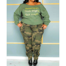 Plus Size Good Heart Thick Thighs Slick Mouth Print Skew Neck Sweatshirt - green