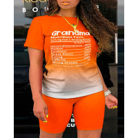 Plus Size Grandma Letter Print Ombre Casual Top & Shorts Set - orange