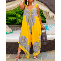 Plus Size Graphic Print Tied Detail Jumpsuit - yellow