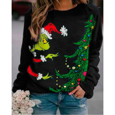 Plus Size Graphic Stole Christmas Print Long Sleeve Top - black