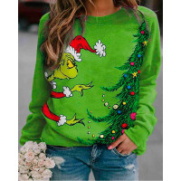 Plus Size Graphic Stole Christmas Print Long Sleeve Top - green