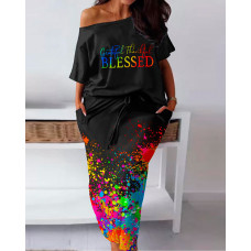 Plus Size Grateful Thankful Blessed Ink Splash Print Skew Neck Top & Skirt Set - black