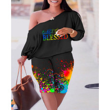 Plus Size Grateful Thankful Blessed Ink Splash Print Top & Pants Set - black