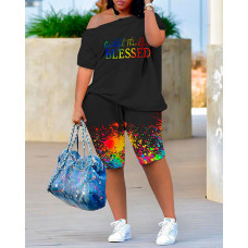 Plus Size Grateful Thankful Blessed Ink Splash Print Top & Shorts Set - black