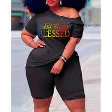 Plus Size Grateful Thankful Blessed Print Casual Top & Shorts Set - black