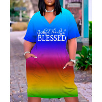 Plus Size Grateful Thankful Blessed Print Ombre Casual Dress - blue