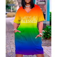 Plus Size Grateful Thankful Blessed Print Ombre Casual Dress - Multicolor