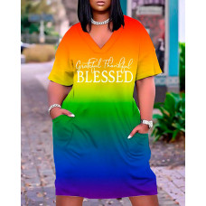 Plus Size Grateful Thankful Blessed Print Ombre Casual Dress - Multicolor