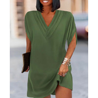 Plus Size Half Sleeve V-Neck Ruched Casual Dress - Army green