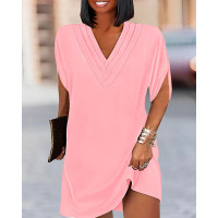 Plus Size Half Sleeve V-Neck Ruched Casual Dress - pink