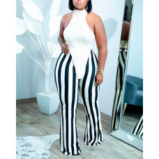 Plus Size Hanky Hem Halter Top & Striped Print Pants Set - blackwhite