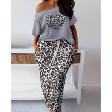 Plus Size Heart Leopard Print Top & Drawstring Skirt Set - gray