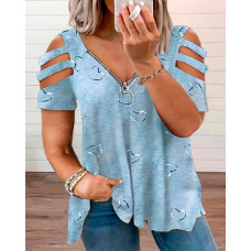 Plus Size Heart Print Ladder Cutout Zipper Design T-Shirt - blue