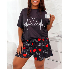 Plus Size Heart Print Short Sleeve Pajamas Set - black