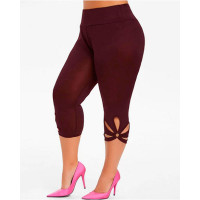 Plus Size Hollow Out Casual Capris Pants - Wine red