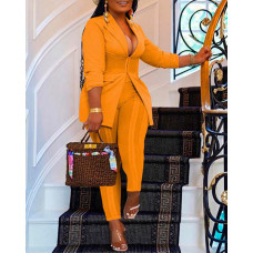 Plus Size Hook Front High Waist Blazer Set - yellow