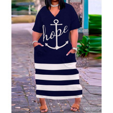 Plus Size Hope Anchor Striped Print Casual Dress - blue