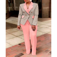 Plus Size Houndstooth Print Double Breasted Blazer Coat & Pants Set - pink