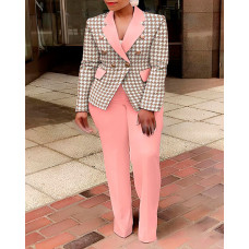 Plus Size Houndstooth Print Double Breasted Blazer Coat & Pants Set - pink