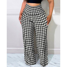 Plus Size Houndstooth Print High Waist Pants - blackwhite