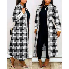 Plus Size Houndstooth Print Open Front Longline Coat - blackwhite