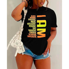 Plus Size I Am Black Woman Beautiful Magic Intelligent Print Casual T-shirt - black