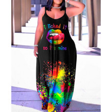 Plus Size I Licked It So It's Mine Ink Splash Print Maxi Dress - black