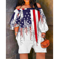 Plus Size Independence Day Flag Print Off Shoulder Romper - white